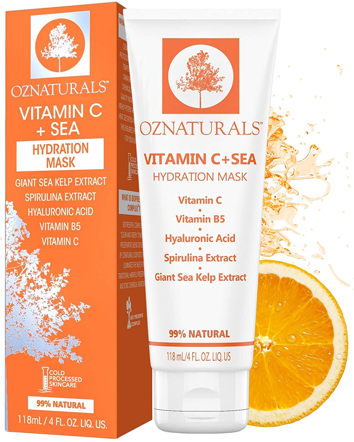 OZNaturals Vitamin C Face Mask - Acne & Blackhead Treatment Facial Mask With Hyaluronic Acid & Green Tea - Moisturizing Face Wash & Dark Spot Remover