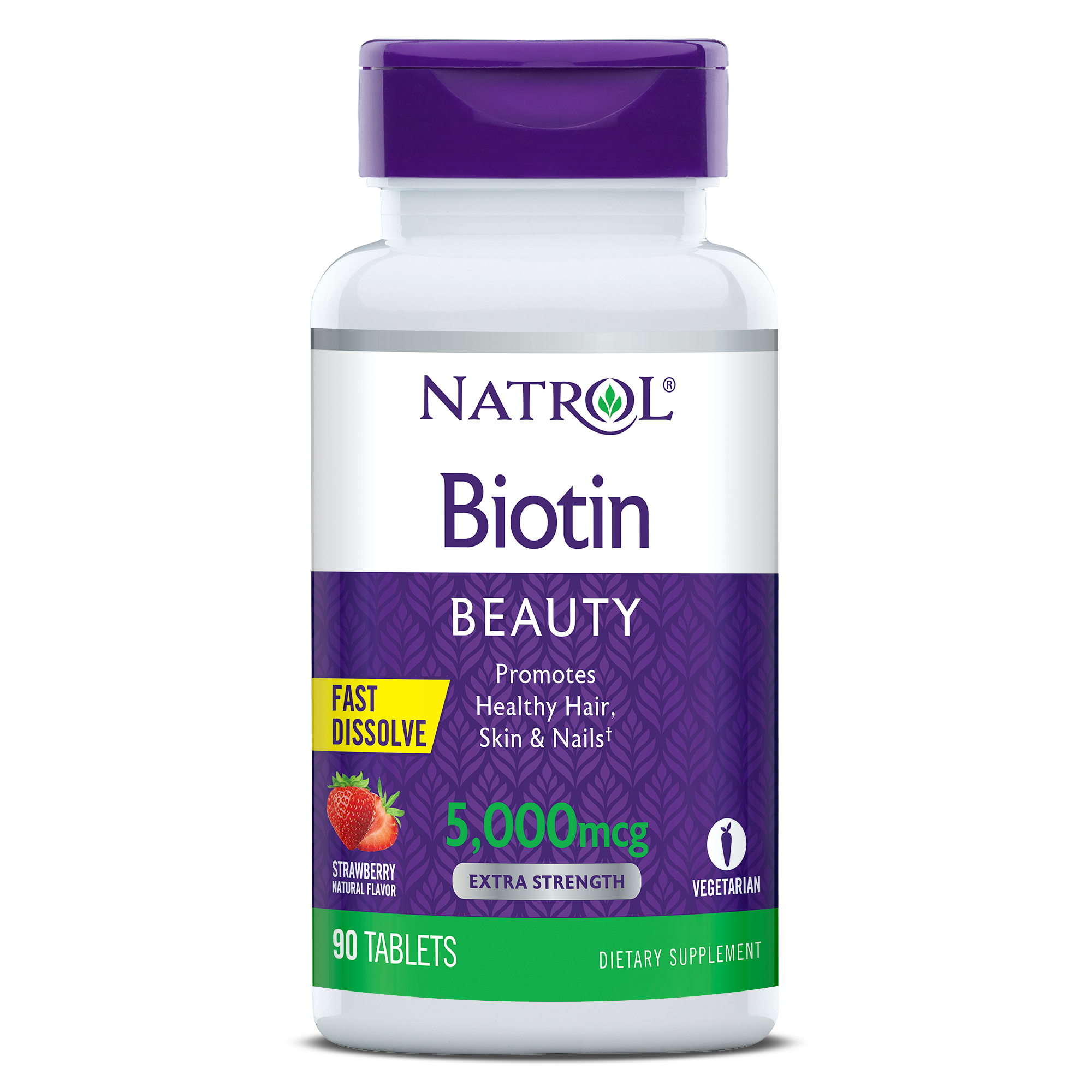 Natrol Biotin Extra Strength, Beauty, 5,000 mcg, Strawberry Fast Dissolve Tablets, 90ct