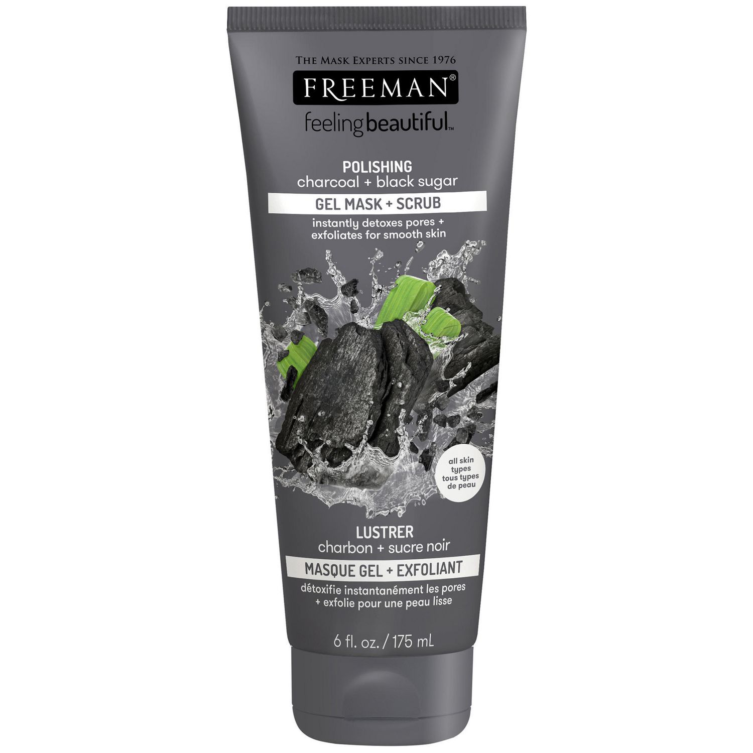 Freeman Feeling Beautiful Charcoal & Black Sugar Gel Mask and Scrub, 6-Ounce