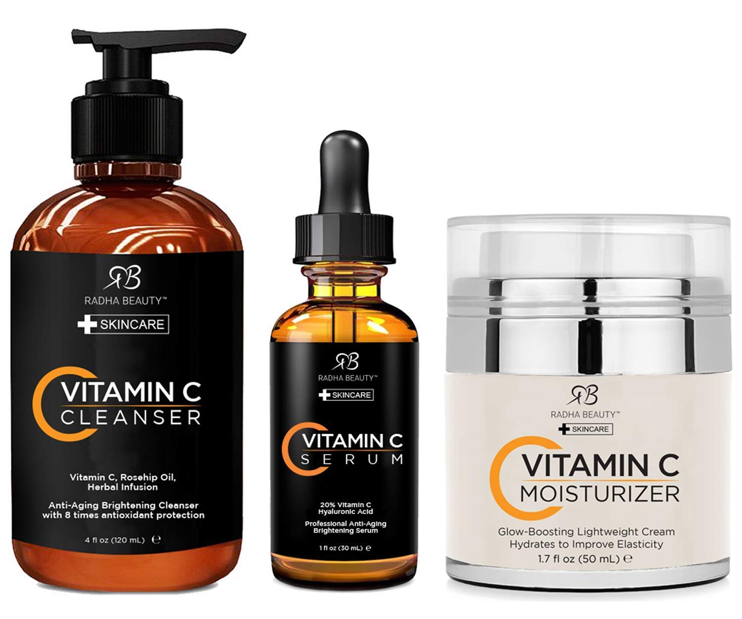 Radha Beauty Complete Vitamin C Facial Care Kit, 3 in 1 Anti Aging Set with Cleanser, Serum and Moisturizer for Wrinkles and Dark Spots