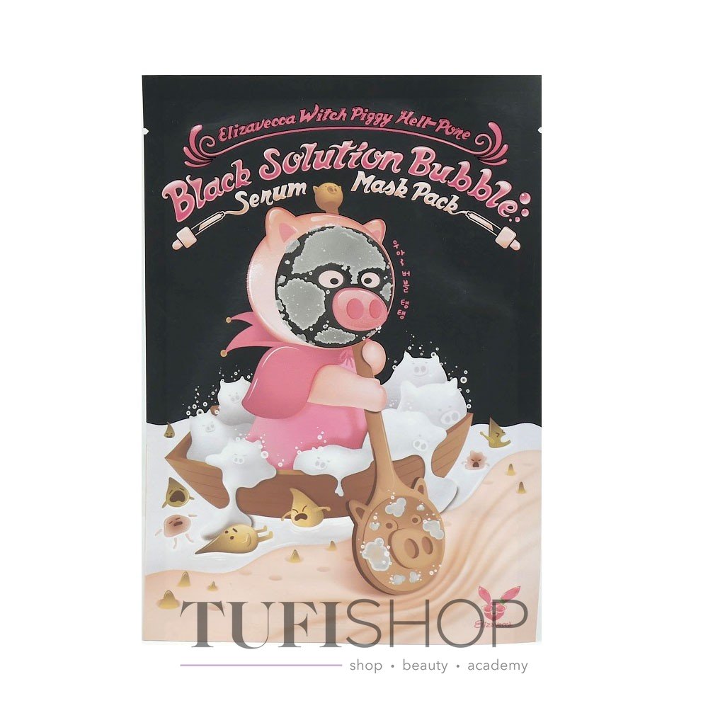 Masque à bulles en tissu ELIZAVECCA Witch Piggy Hell-Pore Black Solution Bubble Serum Mask 30 g