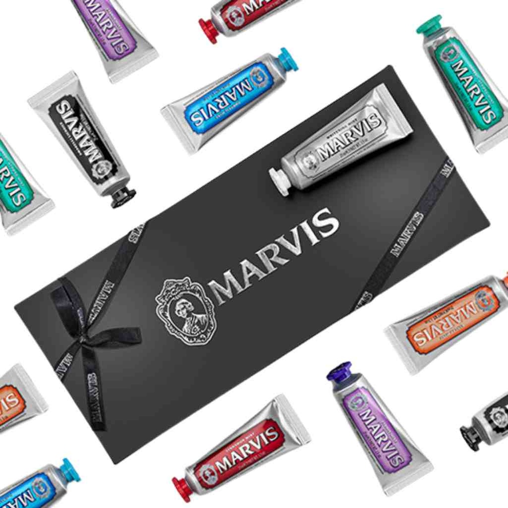 Dental care set by Marvis. Contains 25 ml toothpastes in 7 different flavors.